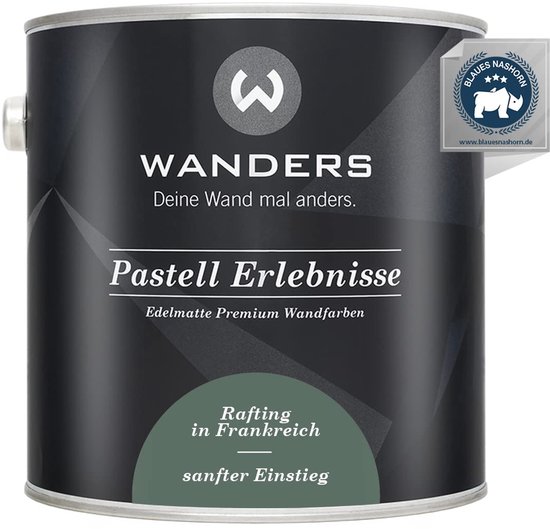 Blik Wanders Pastell Erlebnisse Edelmatte Premium Wandfarben, kleur "Rafting in Frankrijk", "sanfter Einstieg" en een "Blaues Nashorn" logo.