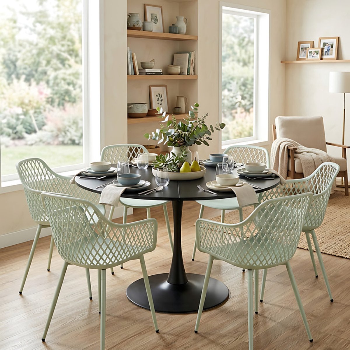 EGGREE eettafel en stoelen set - tafel met een diameter van 100 cm en 6 lichtgroen groen stoelen - geschikt voor bar - kookeiland - café en eetkamer.
