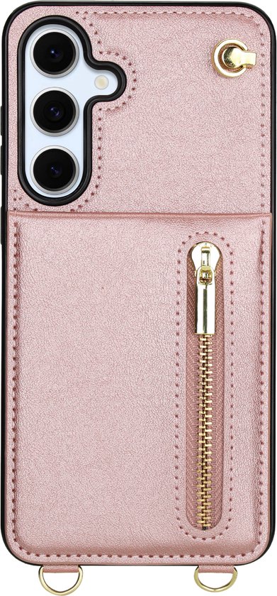 Geschikt voor Samsung Galaxy S25 FE Hoesje Met Koord - Solidenz S25 FE Wallet Case Cover - Telefoonhoes - Backcover Met Koordje - Cord Case - Lanyard - Hoesje S25 FE - Roségoud