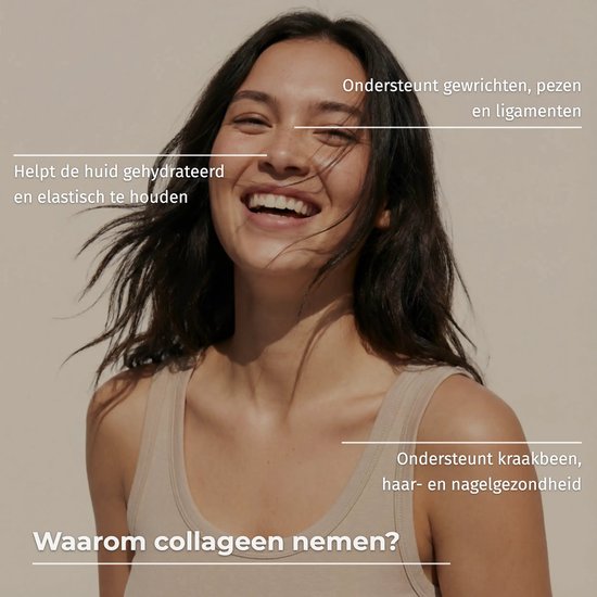 Een lachende vrouw met donker haar die een beige tanktop draagt, met tekst overlays over de voordelen van collageen.