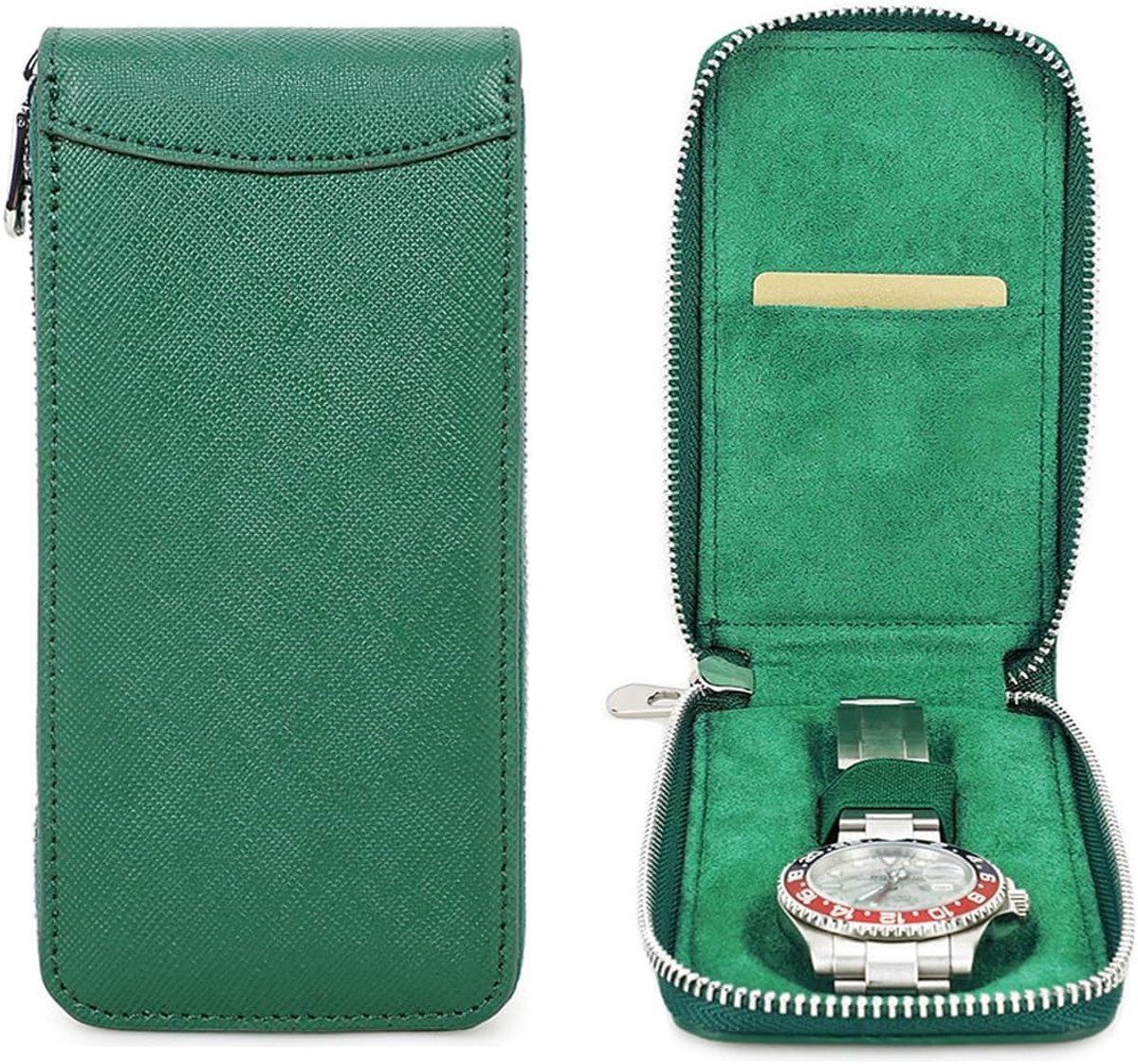 Travel Case voor Horloges - Opslagdoos voor 1 Horloge - Organiser met Rits - Draagbaar - Saffiano Leer (Groen)