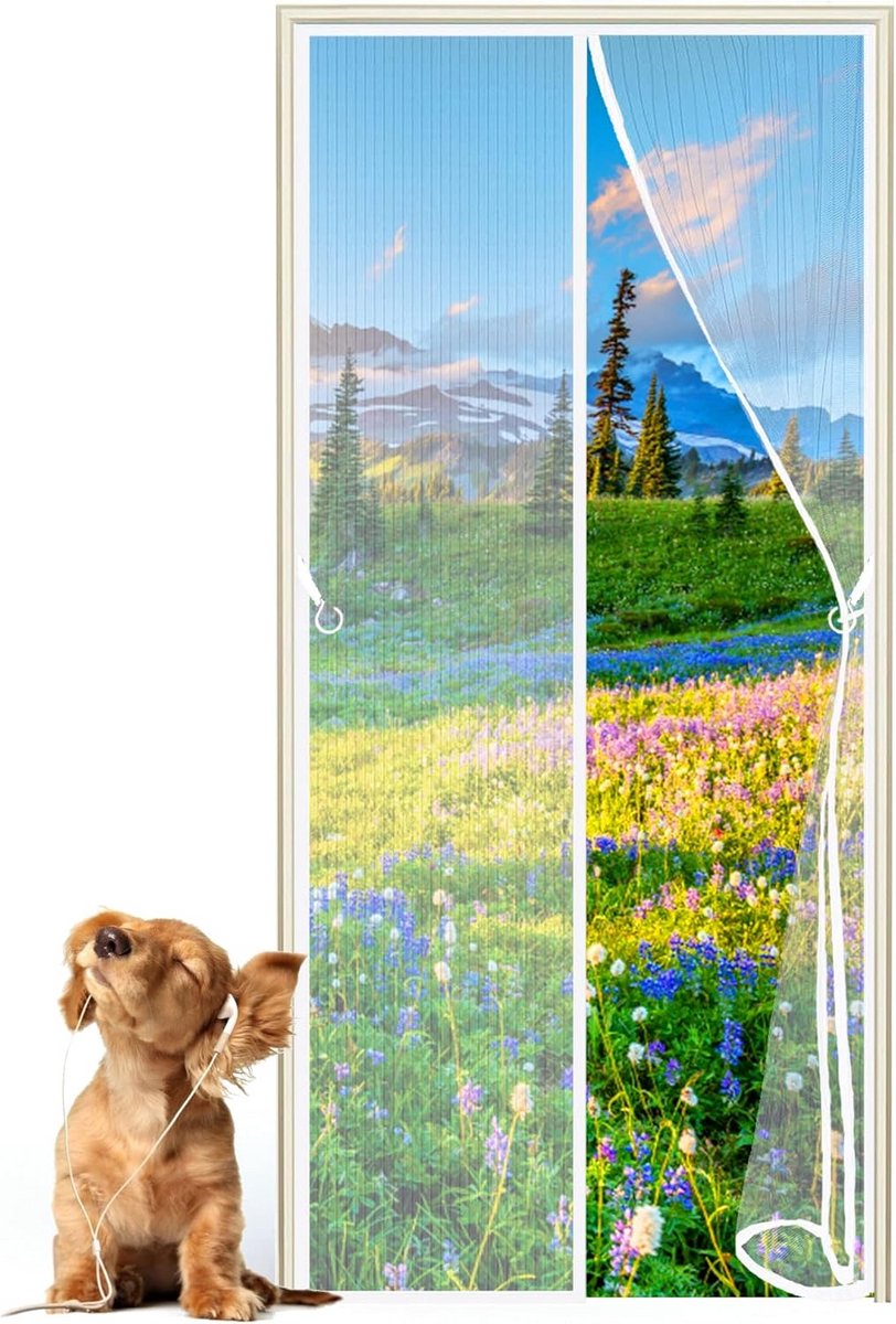 Magnetische hordeur 165 x 185 cm, volledig frame zonder boren, automatische magnetische sluiting, wit