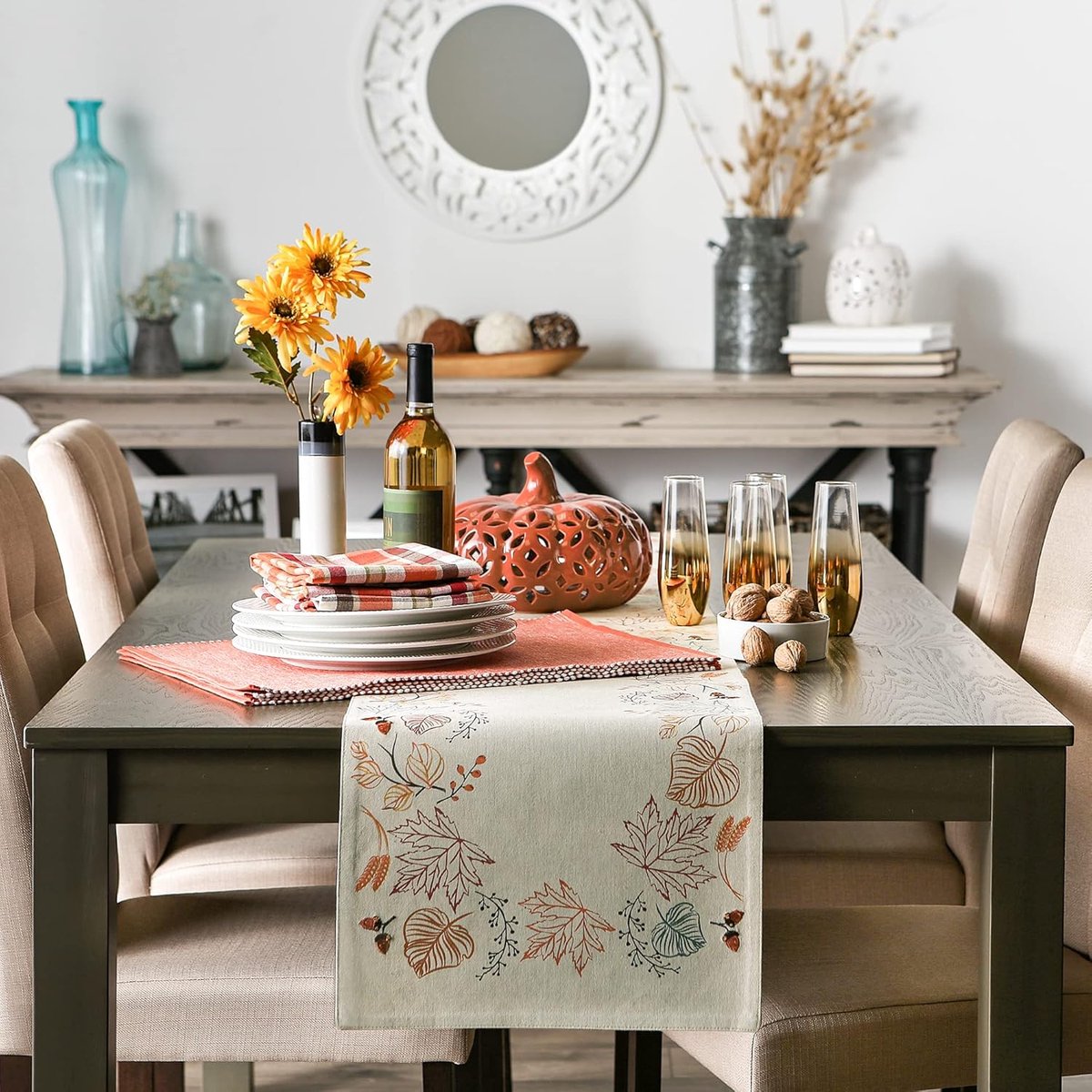 Katoenen Tafelloper Herfstbladeren 36 x 183 cm - Tafel Runner voor Diner en Feestjes