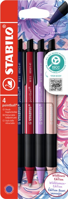 STABILO pointball - Stylo à bille - NatureCOLORS Wildflower - Rechargeable - Étui Avec 4 Couleurs