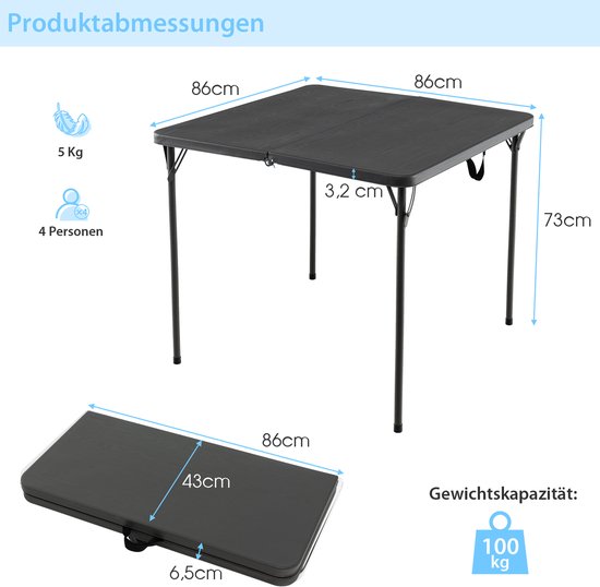 COSTWAY Klaptafel, vierkant, 86 x 86 cm, campingtafel, inklapbaar, tuintafel met HDPE-tafelblad en draaggreep, balkontafel voor 4 personen, draagbare eettafel voor keuken, tuin, camping, grijs van Costway — afbeelding 2