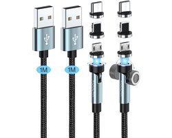 3-in-1 Magnetische Oplaadkabel - 2 Stuks (1m + 1m) - 360° en 180° - 3A Snel Opladen en Gegevensoverdracht - Compatibel met USB C/Micro USB/i-Products