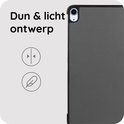 Donkergrijze tablethoes, met icoontjes die het dunne en lichte ontwerp aangeven.
