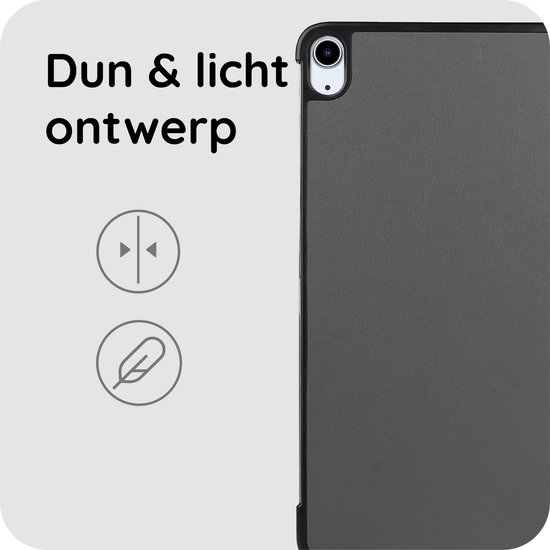 Donkergrijze tablethoes, met icoontjes die het dunne en lichte ontwerp aangeven.
