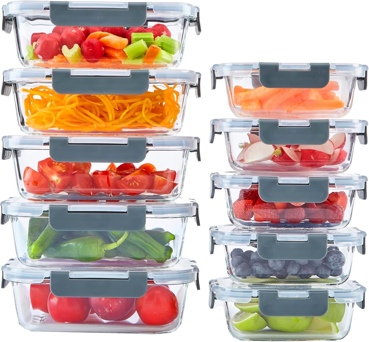Glazen Voedselopslagcontainers Set - 10 Stuks met Kliksluitingen - Luchtdichte Maaltijdvoorbereiding, Magnetron, Oven, Vriezer en Vaatwasmachinebestendig