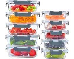 Glazen Voedselopslagcontainers Set - 10 Stuks met Kliksluitingen - Luchtdichte Maaltijdvoorbereiding, Magnetron, Oven, Vriezer en Vaatwasmachinebestendig