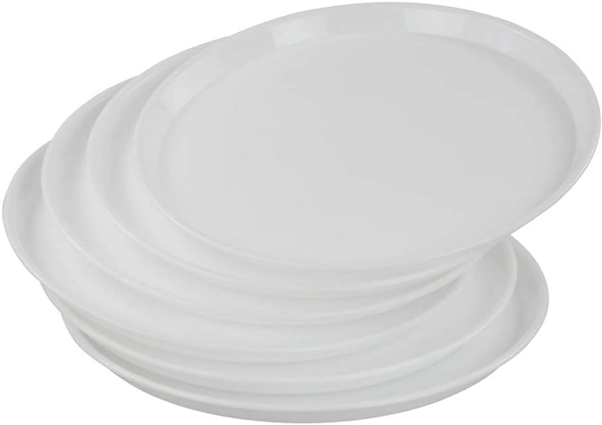 Set van 6 Ronde Witte Kunststof Dienbladen en Borden