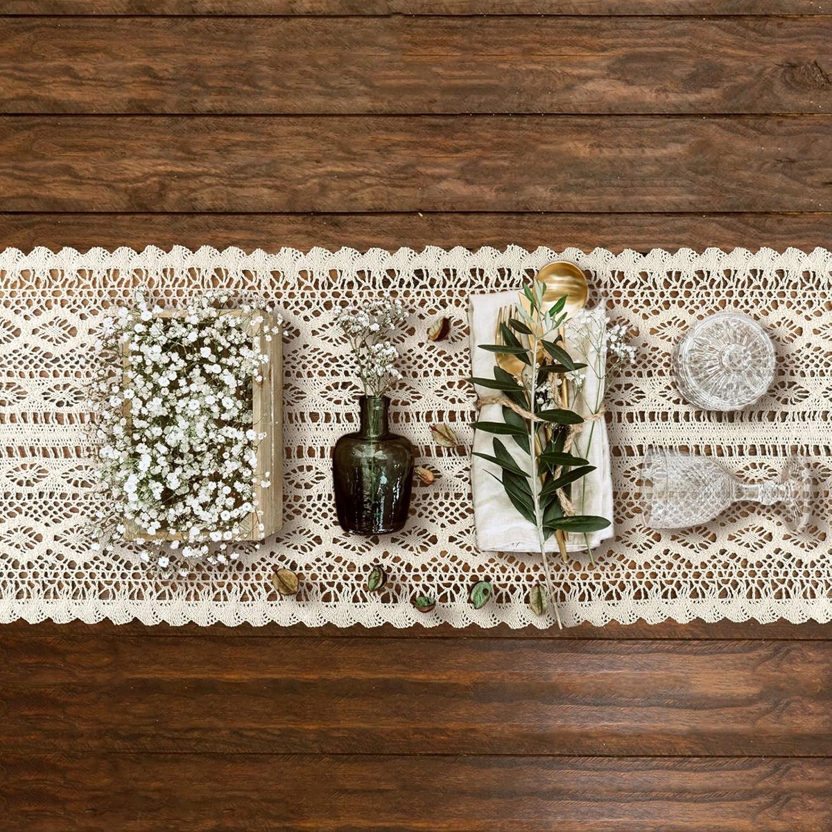 Beige Macrame Tafelloper Katoen Gehaakte Kant Boho Decoratie 24x300 cm