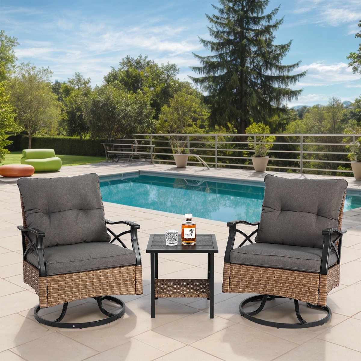 OKWISH Tuinmeubelset 3-Delig 64 X 58 X 82 Cm - 2 Draaibare Schommelstoelen Met Tafel - Weerbestendige Kussens - Staal - Bruingrijs
