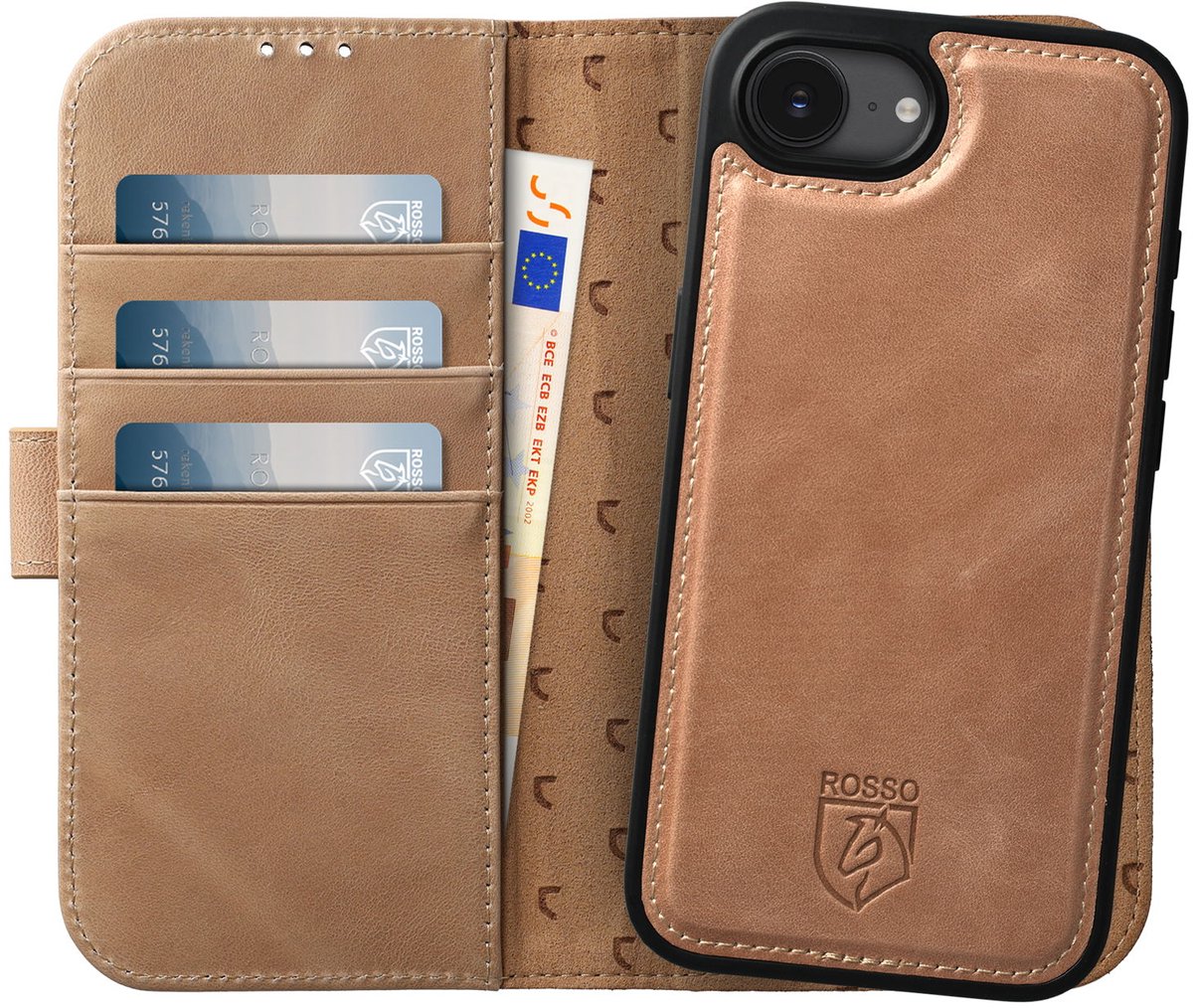 Rosso Elite Hoesje Geschikt voor Apple iPhone 17e / 16e | Compatibel met MagSafe / Qi2 | Book Case en Back Cover | Magnetisch Uitneembaar | Echt Leer Beschermhoes met Pasjeshouder | Lichtbruin