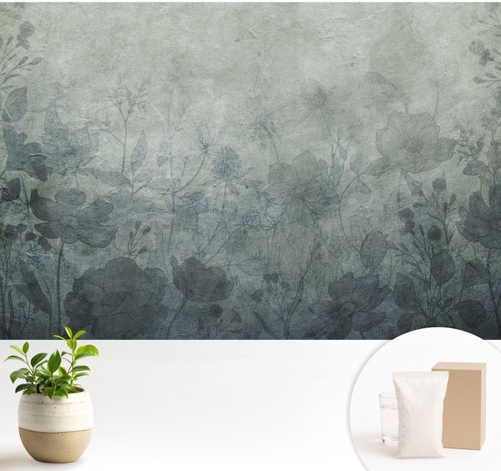 Wallfluent Behang - Plantaardige elegantie Vliesbehang - 104x70 cm - Grijs Behang - Voor liefhebbers van kunst en natuur - Behang Voor de slaapkamer, woonkamer en kantoor - Behangrol Bloemen en planten