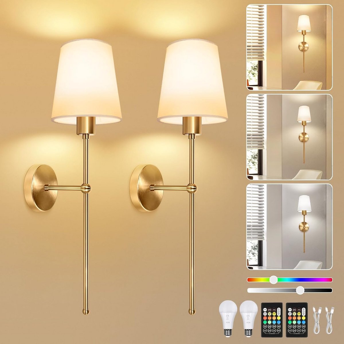 Draadloze LED Wandlamp Set (2x) - Oplaadbaar, Dimbaar, 3 Kleuren + RGB