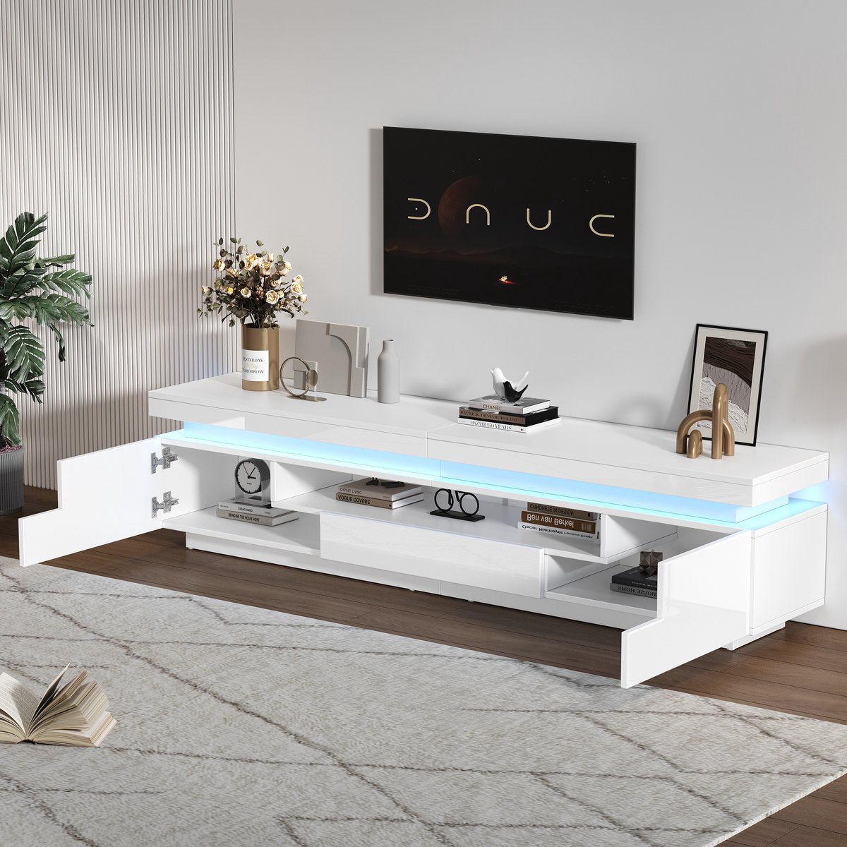 STILVORA Televisiemeubel - Hoogglans Met Led Verlichting En Veel Opbergruimte - Voor Woonkamer - Spaanplaat Wit - 175x38x45 Cm