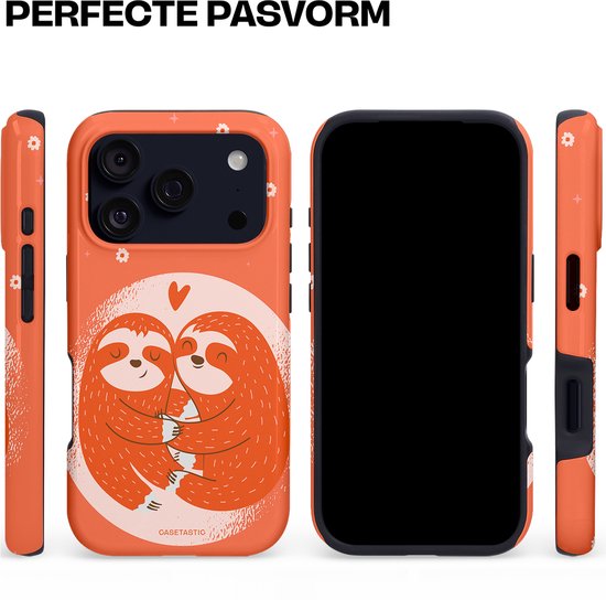 Oranje telefoonhoes met twee luiaards die elkaar omhelzen, kleine bloemetjes en een hartje.