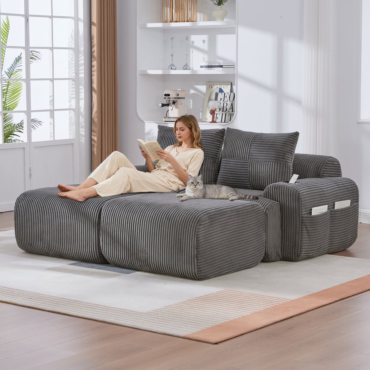 OKWISH Hoekbank 200x174x80 Cm - Modulaire 2 Zits Met 2 Hockers, Bekerhouder En Zijtas - Voor Woonkamer En Lounge - Corduroy - Donkergrijs