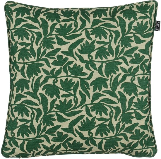 Coussin décoratif vert avec un imprimé botanique bicolore.