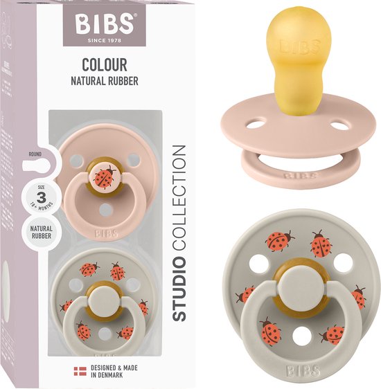 BIBS Colour Studio Speen verpakking van 2 stuks. BPA-vrij, Ronde speen. Natuurlijk rubberlatex, Gemaakt in Denemarken, Maat 3 (18+ maanden), Blush / Sand