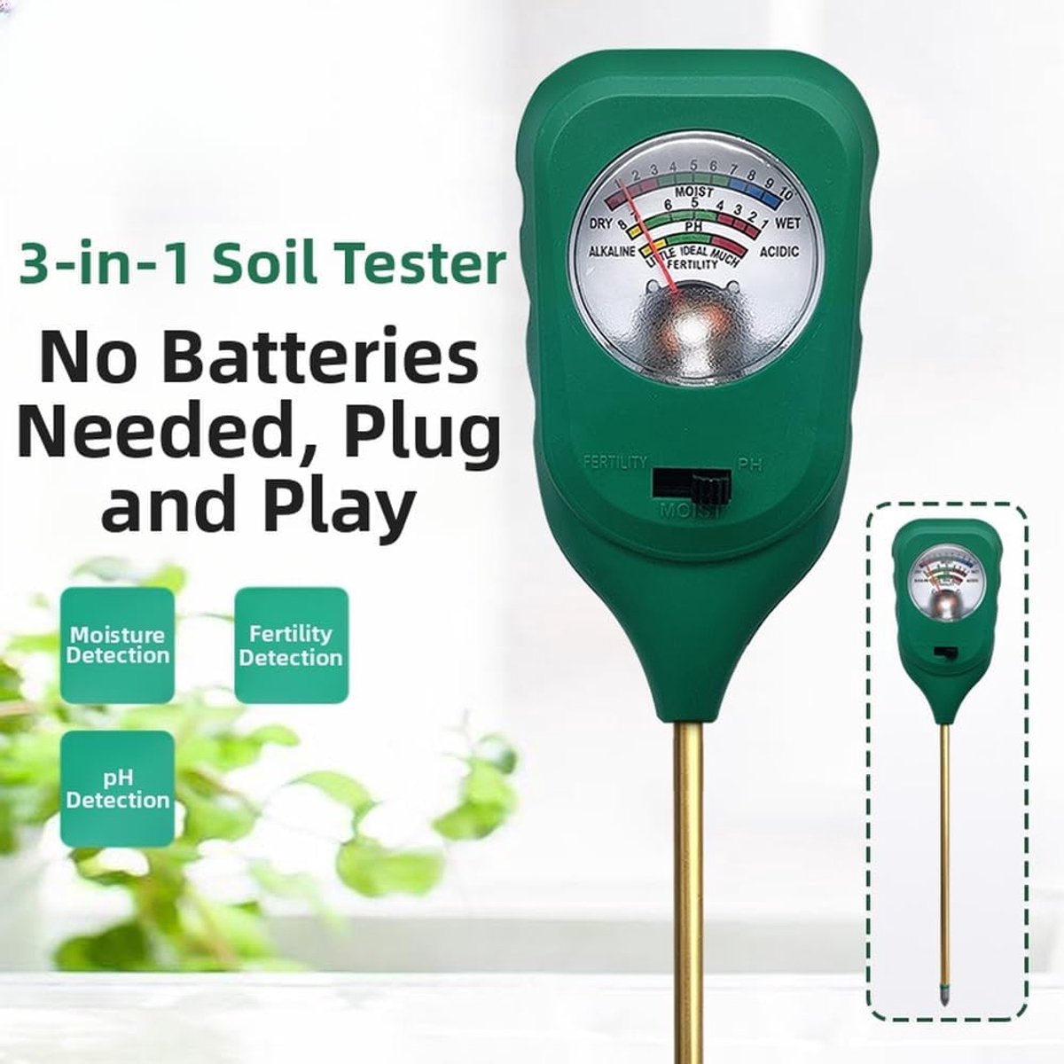 Bodemtester - Plantenmeter Vochtigheid - Plantenverzorging Tuin - Drie Functies Batterijloos - 29 x 7 x 3 cm - Zoals Afgebeeld