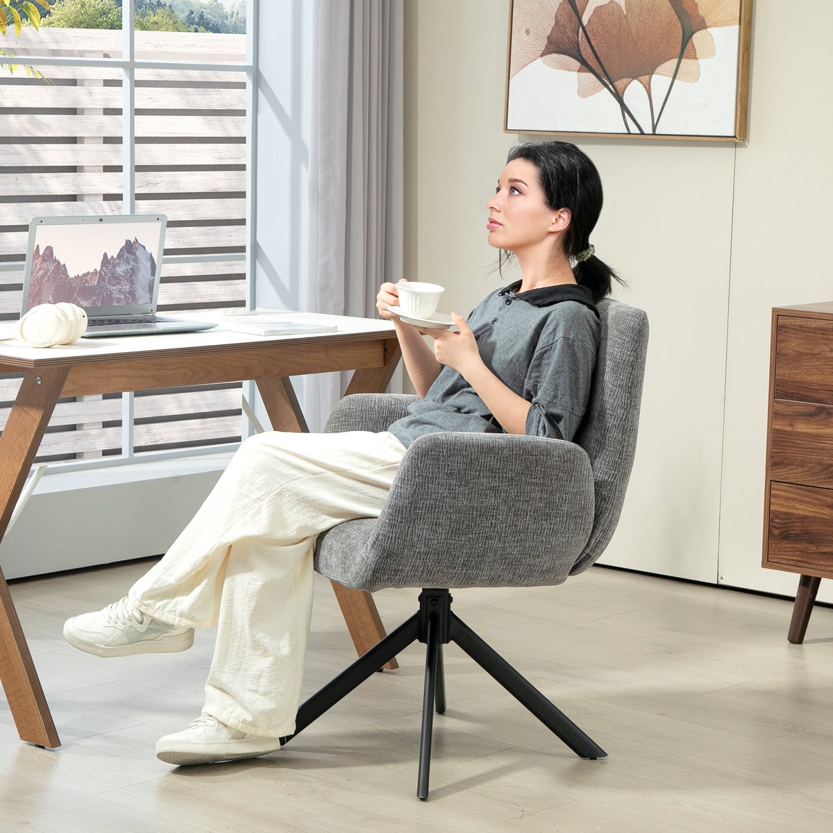 MODFU - Draaibare Fauteuil Met Armleuningen - Knopen - Modern - Woonkamer Of Slaapkamer - Polyester - Donkergrijs - 60 x 61 x 88 cm