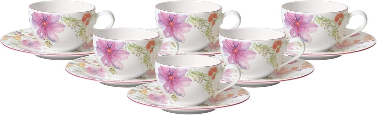 Koffiekop met schotel - Espresso set - Ontbijt tafel - Bloemen decoratie - 250 ml - Wit