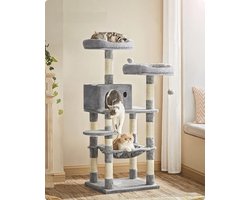 Bobbel Home - krabpaal - 143 cm - stabiele krabpaal met kattenhuis - Lichtgrijs