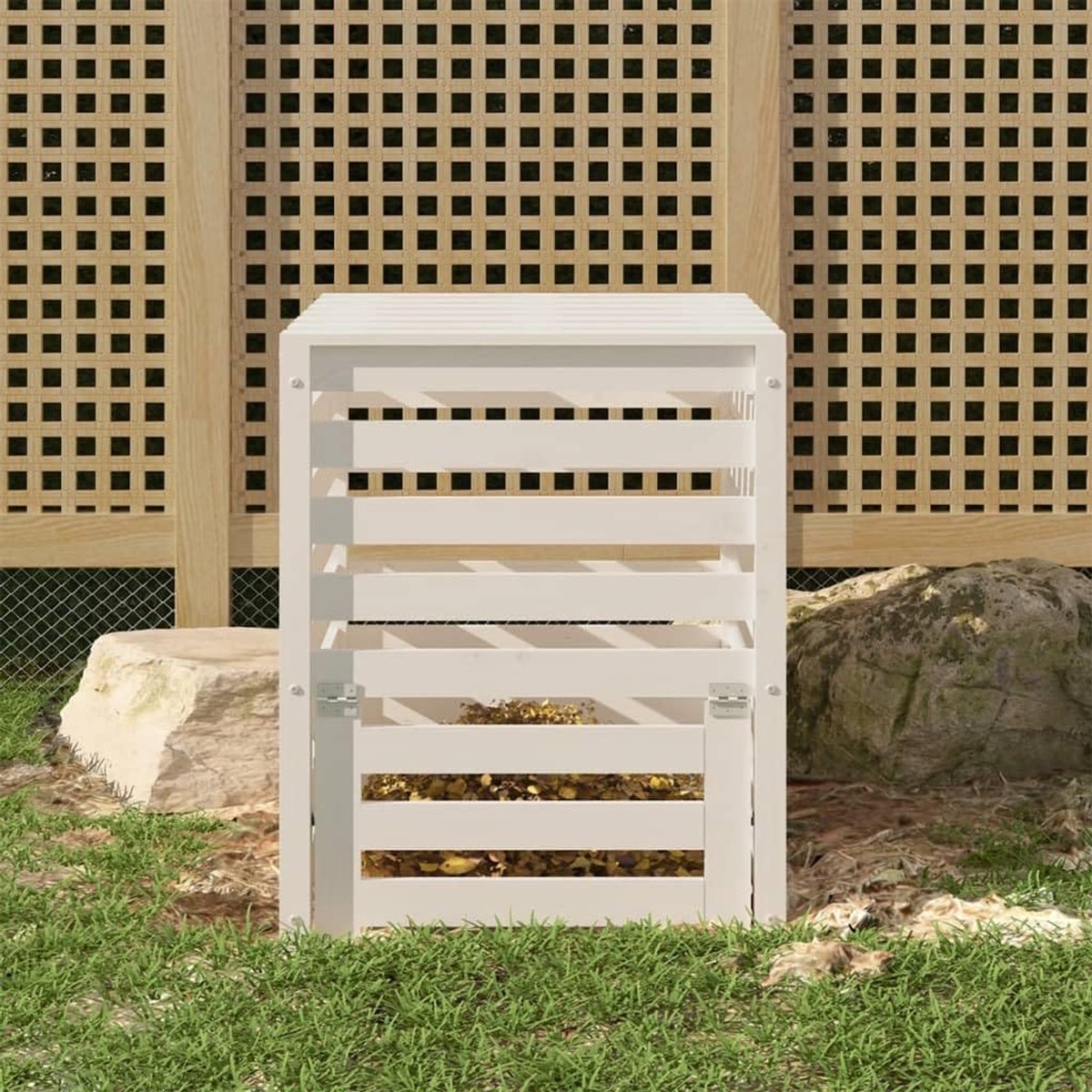Houten Compostbak - Composteerbak Buiten - Tuinafval Verwerken - Massief Grenenhout - 63x63x77 cm - Wit