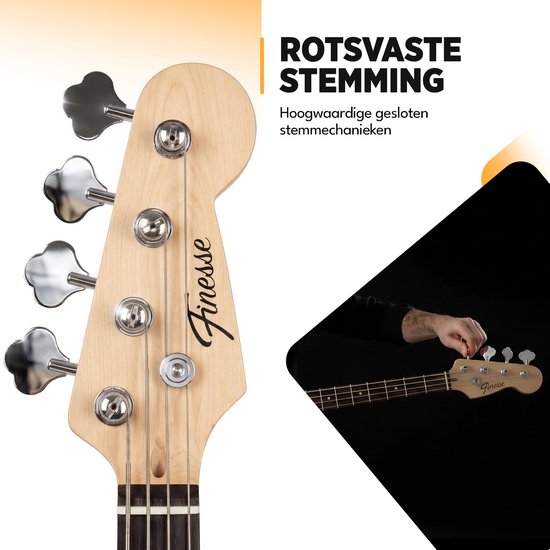 Close-up van de kop van een basgitaar met Finesse logo en stemknoppen.