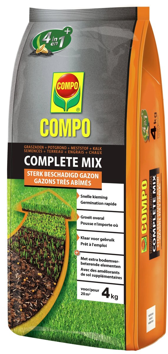 COMPO Complete Mix - herstel van sterk beschadigde gazons - 4 in 1 : graszaden, potgrond, meststof + kalk - snelle kieming - zak 4 kg (20 m²)