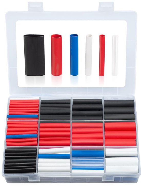 Krimpkousen in een opbergdoos: zwart, rood, blauw, wit, transparant.