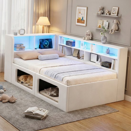 OKWISH Lit de jour 90x200 cm - Avec Petites Maisons pour Animaux et Espace de Rangement - Avec LED et USB - Chambre d'enfant - Velours - Beige - Sans Matelas