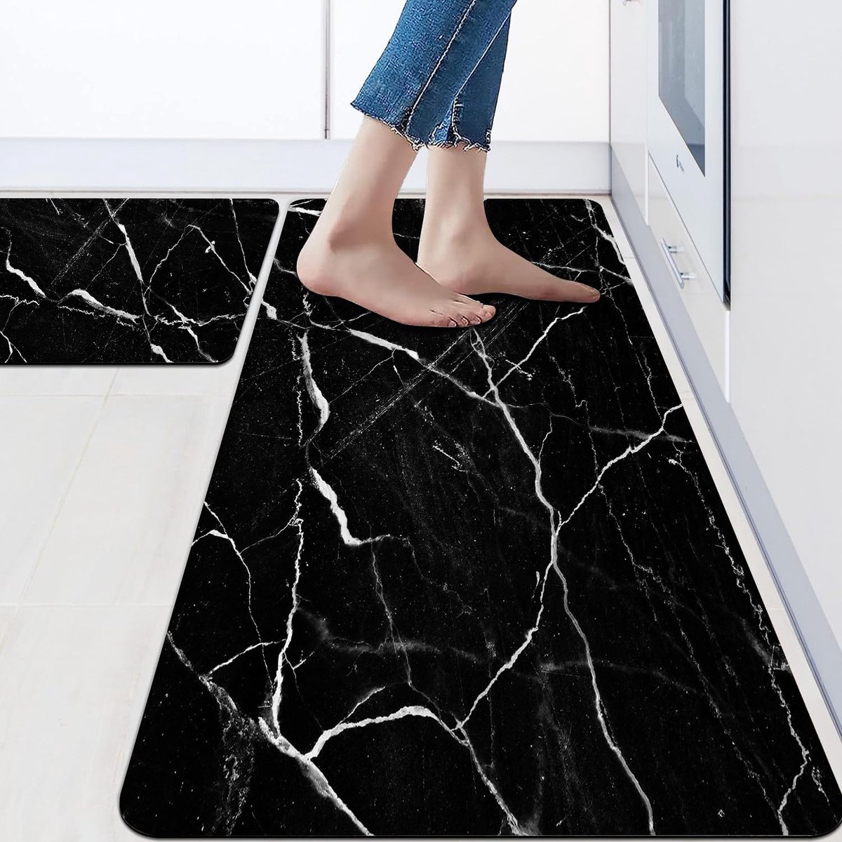 Zwarte Marmeren Keukenmat Antivermoeidheid Set - Antislip en Waterdicht - 2 Stuks