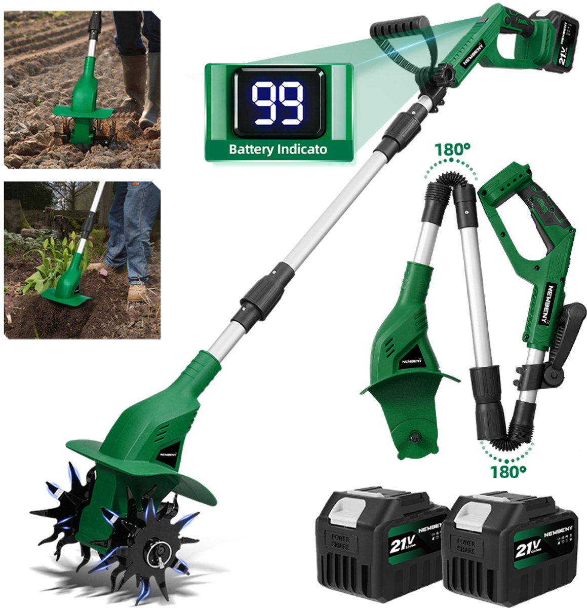 NewBeny Accu Grondfrees - 600 tpm - Elektrisch Tuinfrees - Borstelloze motor- met 2x 4.5Ah Accu's - 15 cm werkdiepte - 20 cm werkbreedte - Accu Motorhak