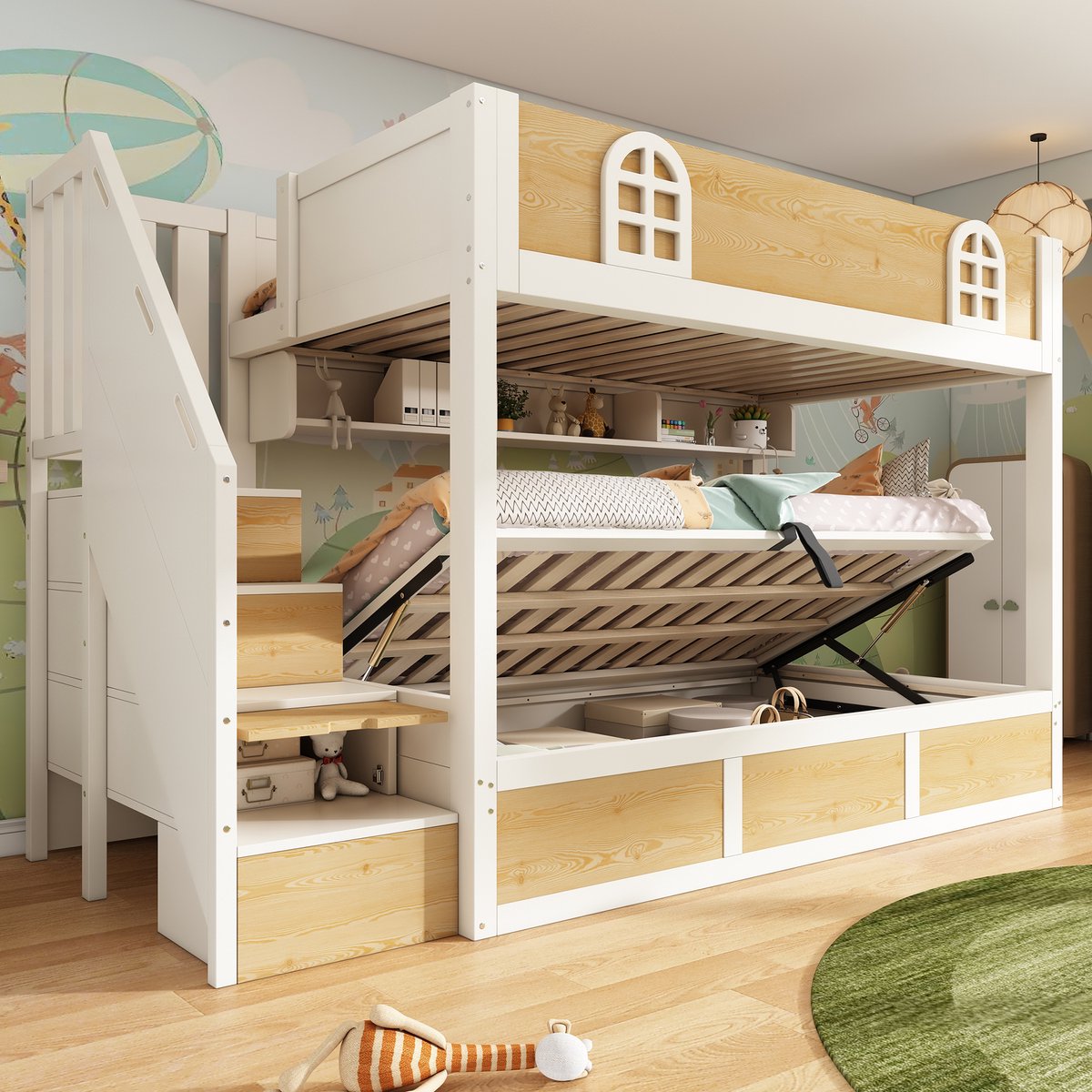 Wishdor Kinderbed Stapelbed met Trapkast - 90x200 cm - Wit/Naturel Hout - Hydraulische Opbergruimte - EN 747 Gecertificeerd - 150 kg Natuurlijk + Wit