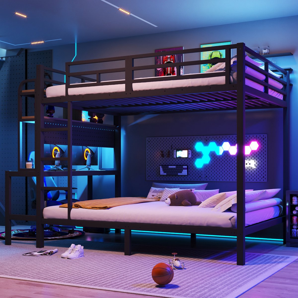 Wishdor Stapelbed 140x200 cm - Bureau, opbergrek, led & USB - Metaal en MDF - Zwart - Creëer de ultieme game- en studie-setup
