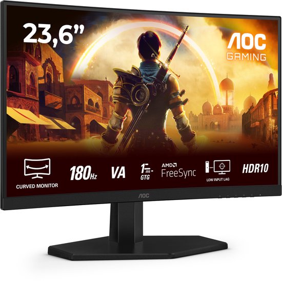 23,6" gebogen monitor met spelafbeelding. 180Hz, VA, AMD FreeSync, HDR10.