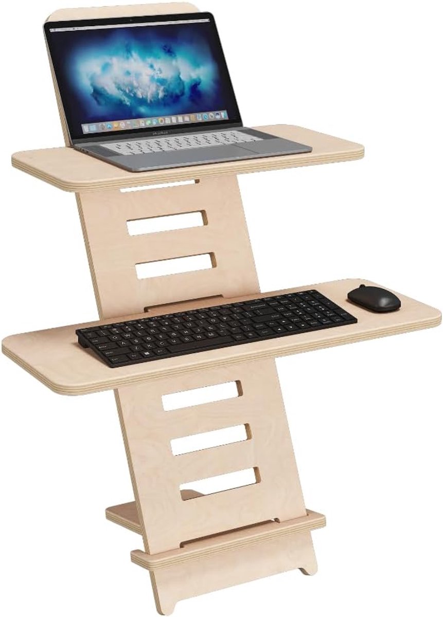 In hoogte verstelbaar staand bureau met houten standaard