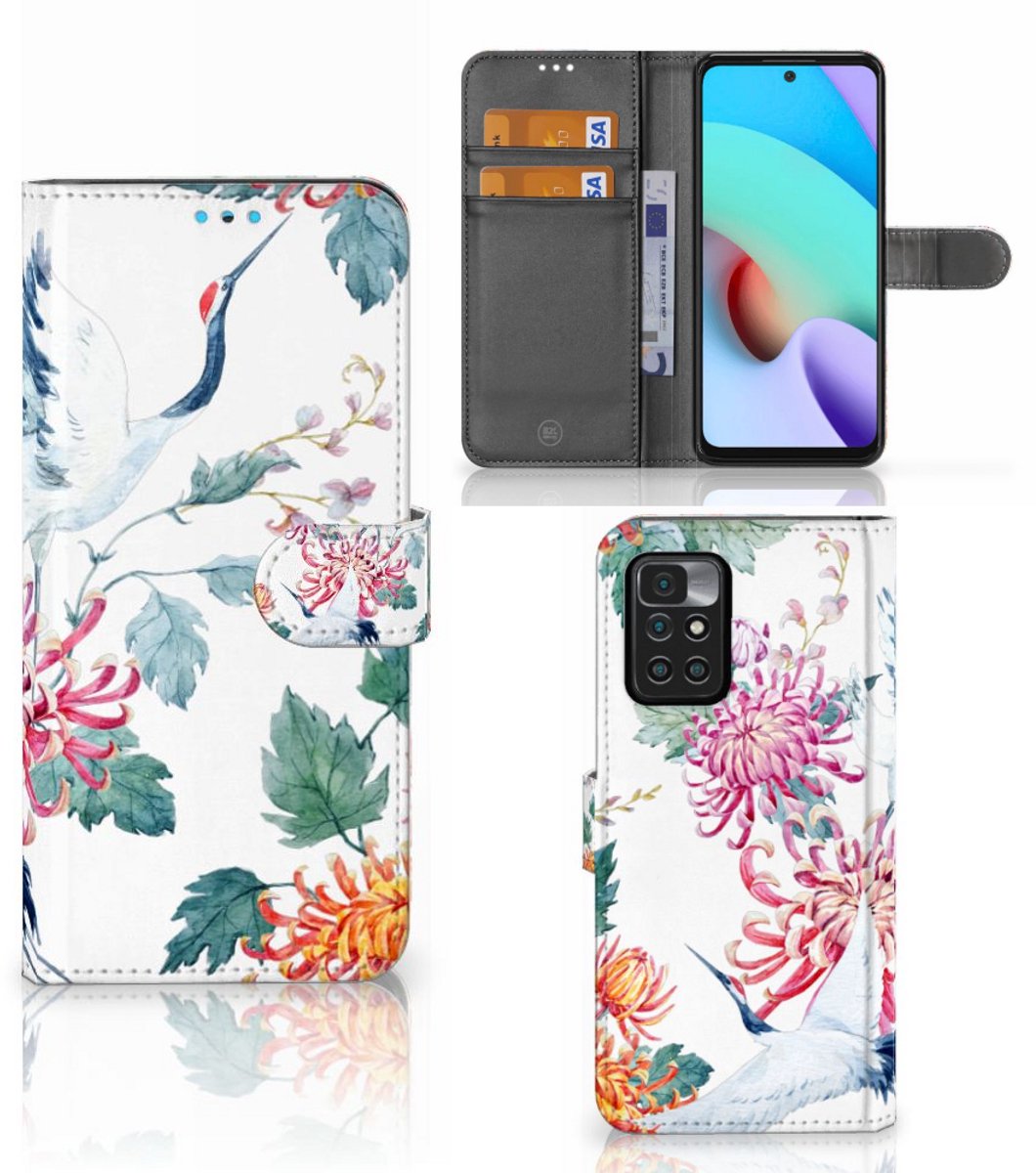Xiaomi Redmi 10 Telefoonhoesje met Pasjes Bird Flowers