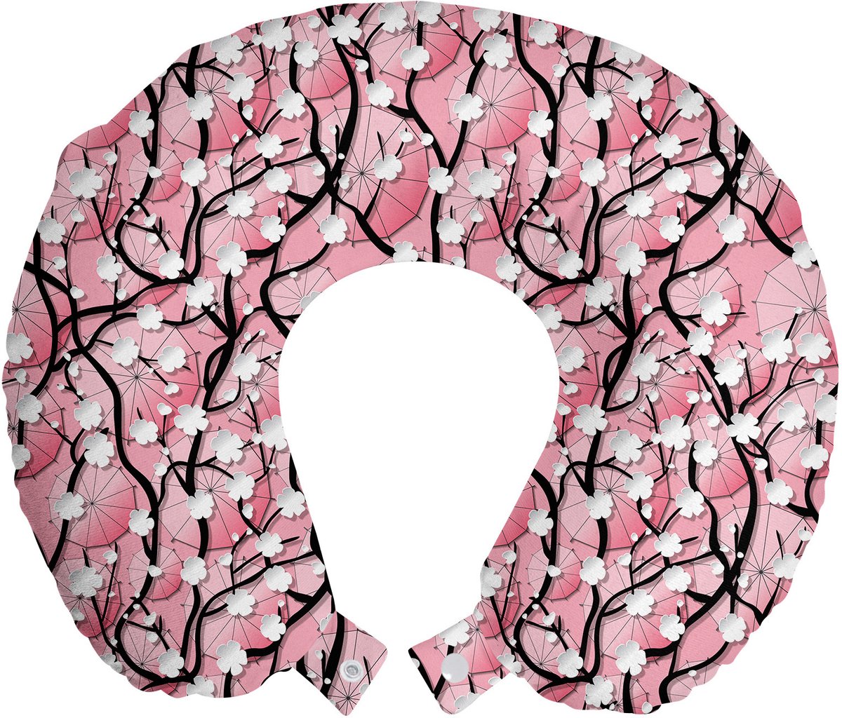 ABAKUHAUS Japans reiskussen met neksteun, Sakura-paraplu's, schuimrubberen reisaccessoire voor vliegtuig en auto, 30x30 cm, zwart roze
