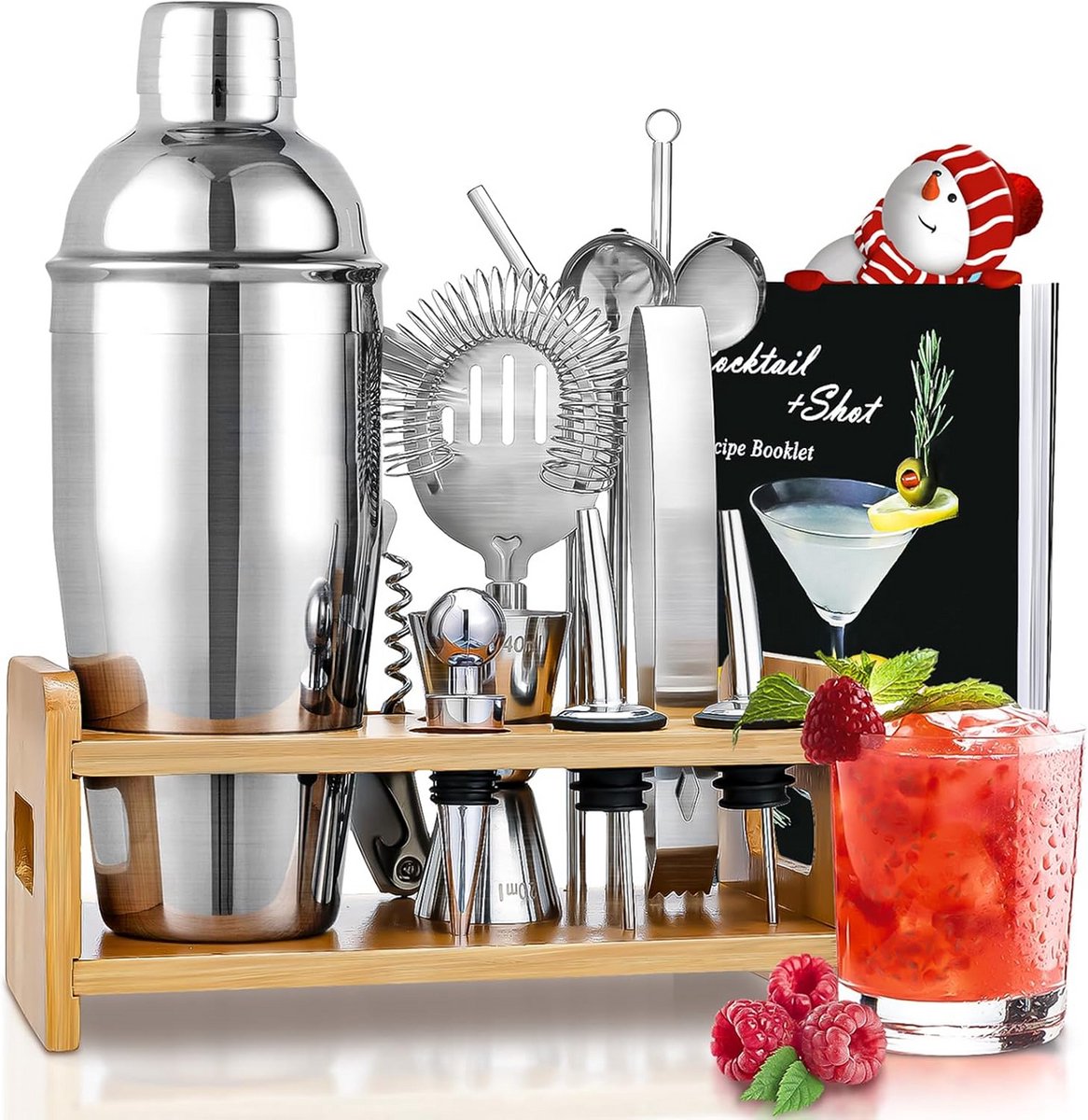 Professionele Cocktail Set RVS 15-delig met Bamboe Standaard en Receptenboek