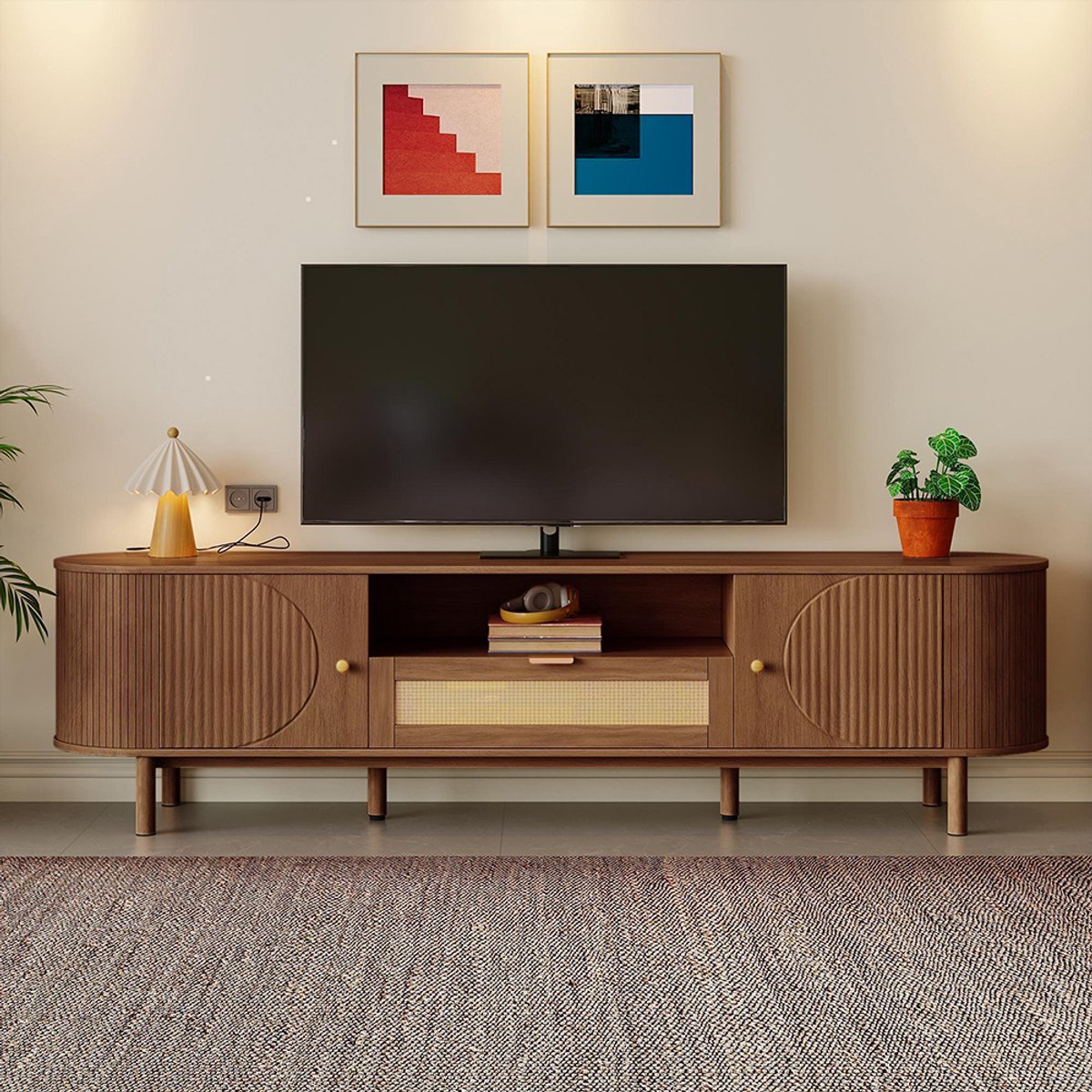 BLACKCOLORS Moderne tv-kast, rotan lades, open vakken, afgeronde bovenkant, metalen poten met houtlook, multifunctioneel meubel voor in de woonkamer.