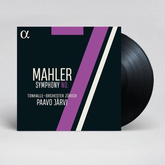 Pochette d'album pour "Mahler Symphony No. 7" avec des rayures violettes, blanches et crème sur fond noir, à côté d'un disque vinyle.
