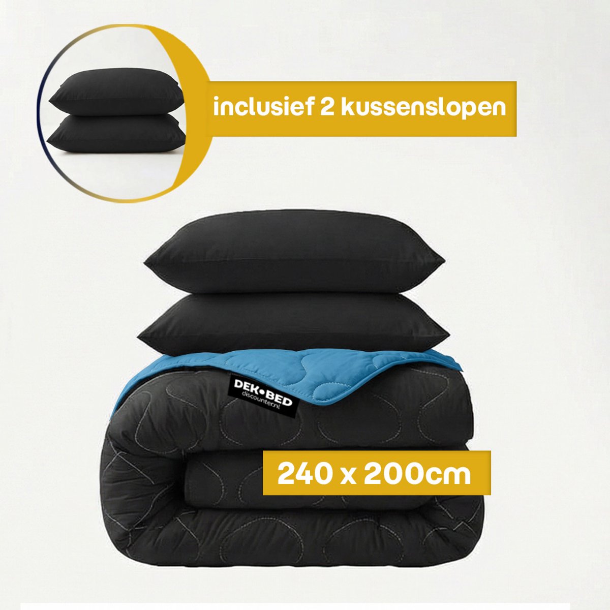 Dekbed-Discounter Sleeptime Dekbed Zonder Overtrek 240 x 200 cm - Inclusief 2 kussenslopen - Wasbaar op 40 graden - Warmteklasse 2 - Zwart, Blauw