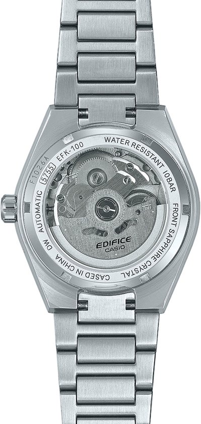 Zilverkleurige Edifice horlogekast met zichtbare automatische uurwerk op de achterkant. Waterbestendig tot 10 bar.