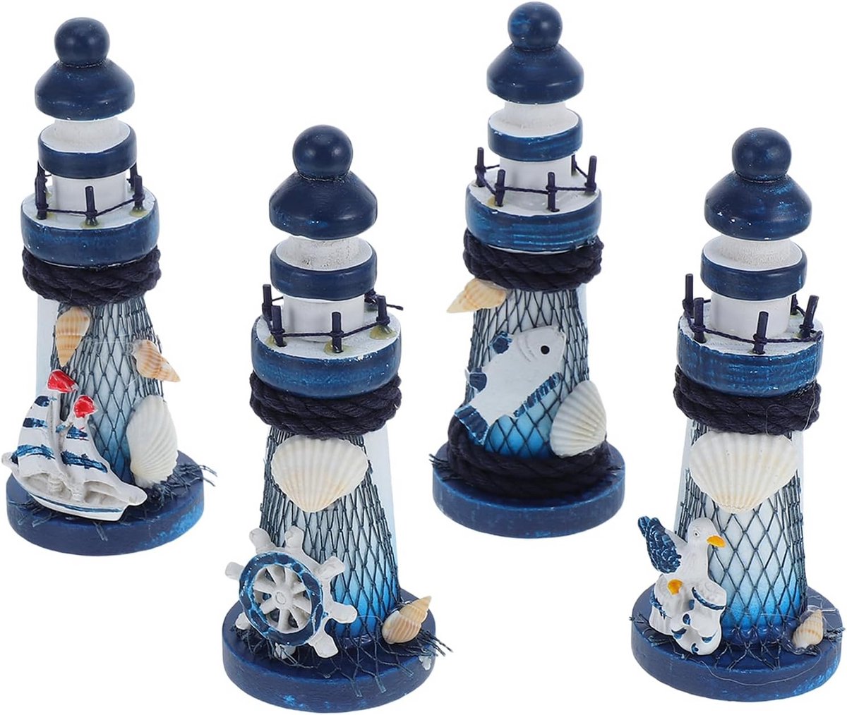 Set van 4 Houten Vuurtoren Modellen: Mediterrane Mini Decoratie 13 cm Blauw