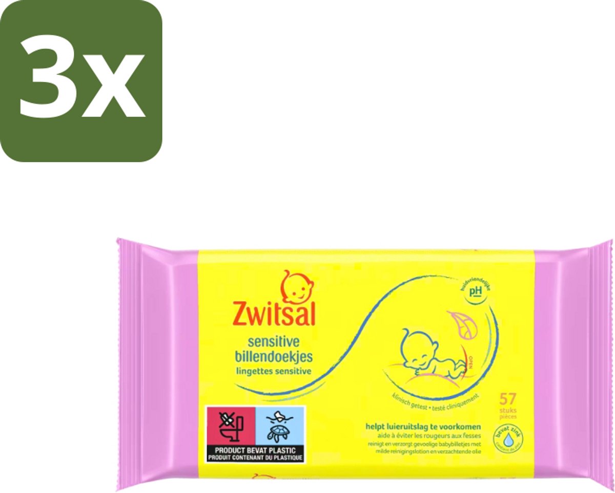 3 x Zwitsal - Babyverzorging - Billendoekjes Sensitive - Voor de Gevoelige Babyhuid - 57 Doekjes - Babybillen - Luieruitslag - Zwitsal Doekjes - Gevoelige Huid - Billetjes Verzorging