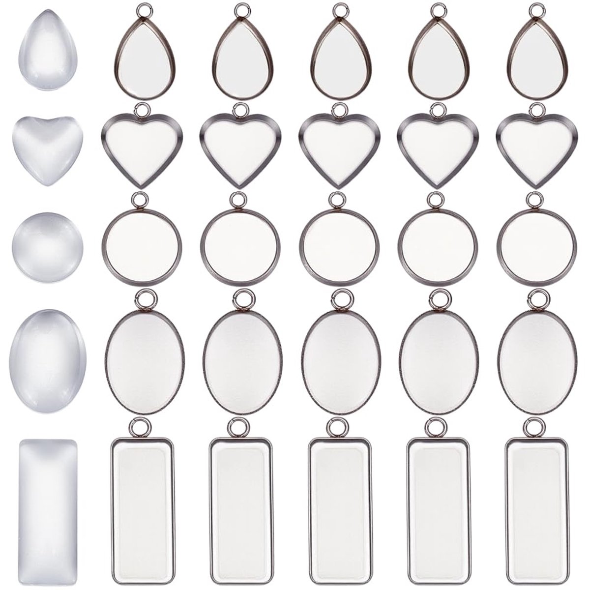Rechthoekige Bezel Hanger Trays Met Glas Cabochons - Roestvrij Stalen Set Van 30